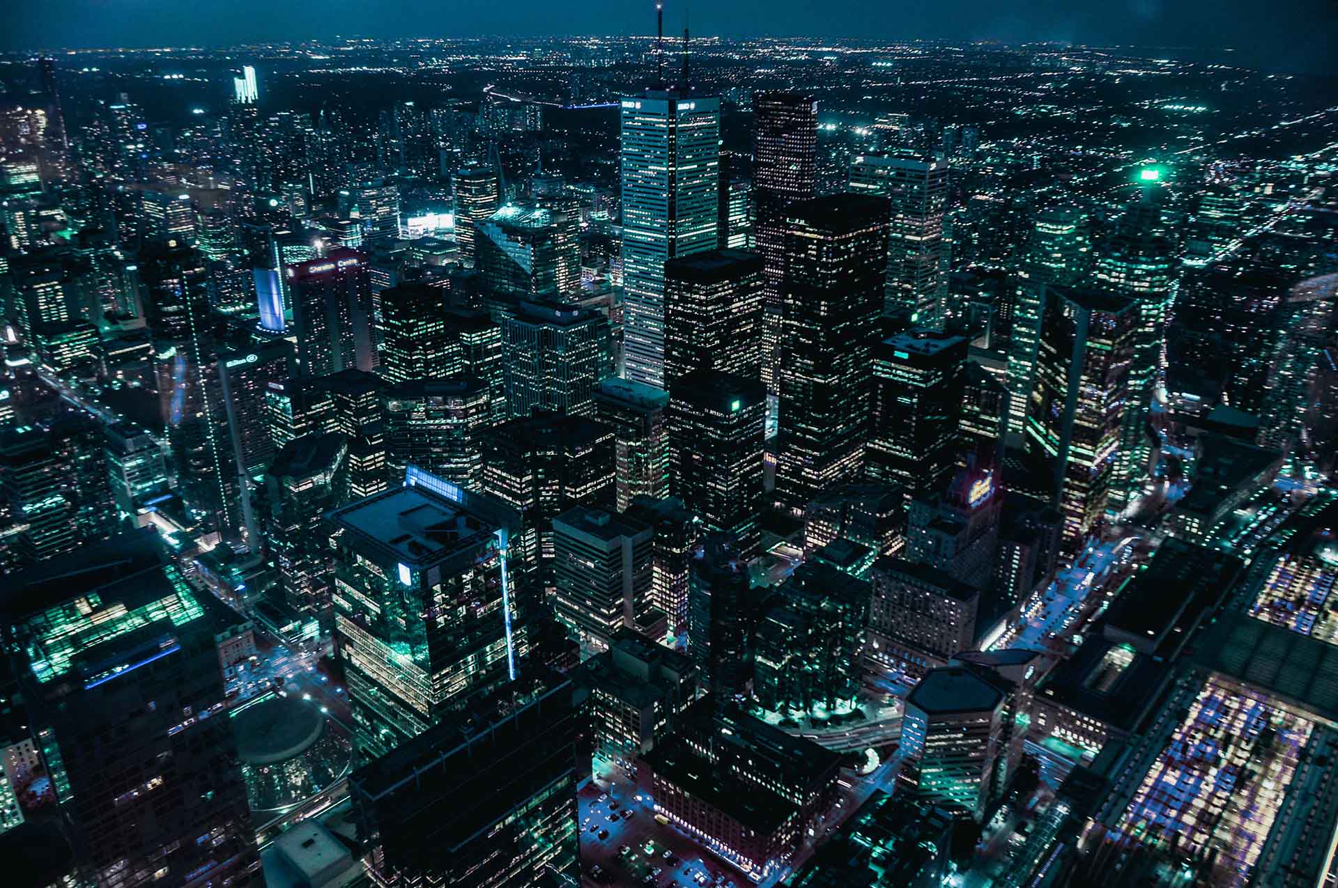City with skyscrapers by night